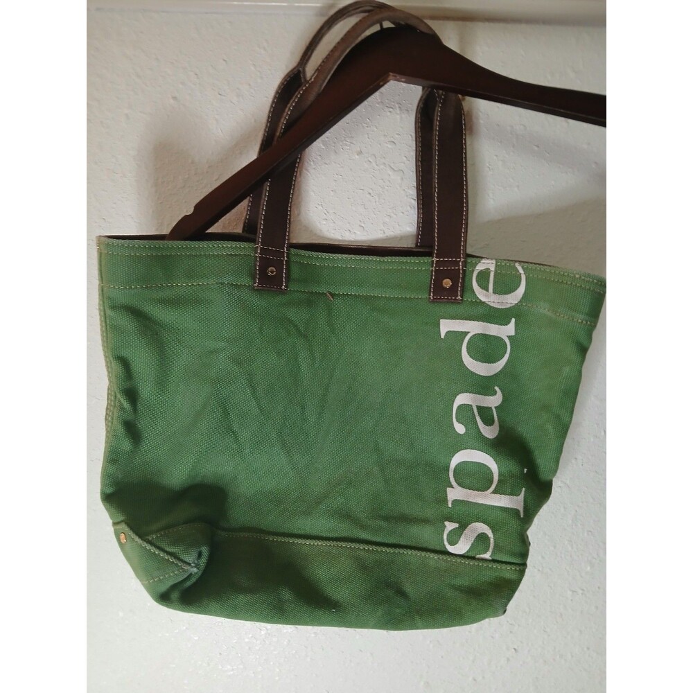 Kate Spade Canvas Tote Big Logo Beach Bag Green White vintage Rare 13" x 13"